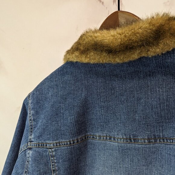 Vintage Y2K Denim Jacket Women Large Faux Fur Trim Crop Penny Lane Coat Mob - Picture 7 of 10